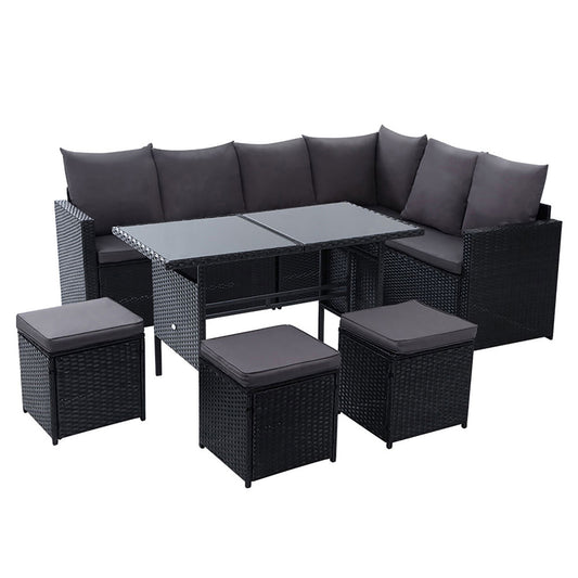 Marlook Outdoor Dining Set Sofa Lounge Setting Chairs Table Ottoman Black Cover