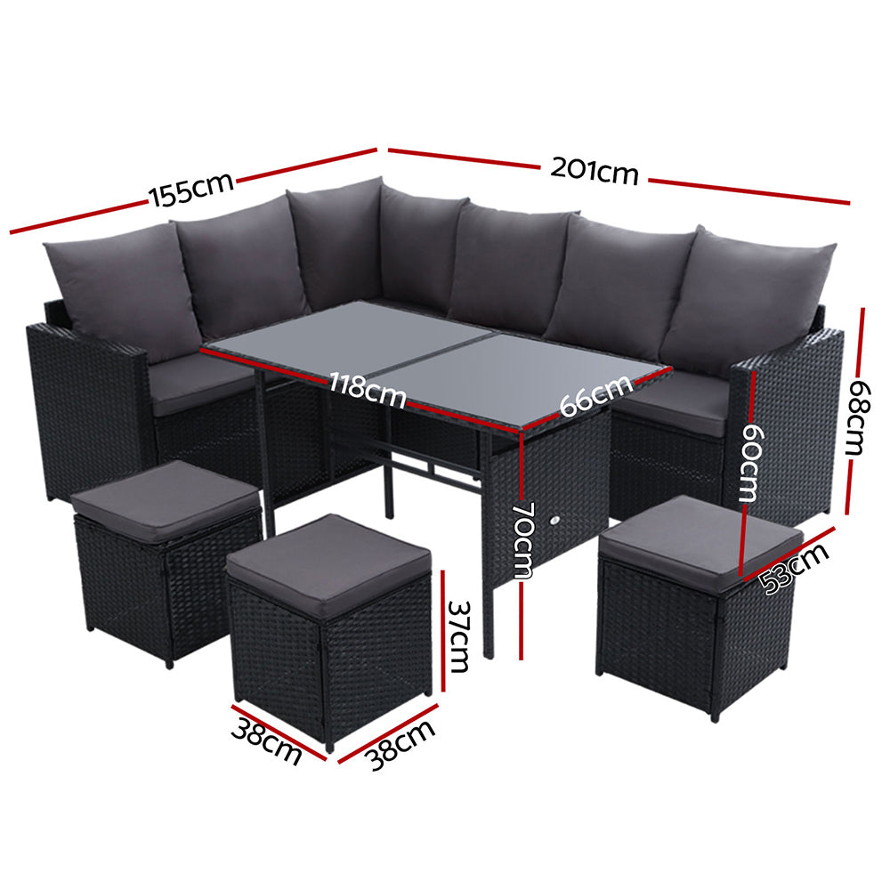 Marlook Outdoor Dining Set Sofa Lounge Setting Chairs Table Ottoman Black Cover