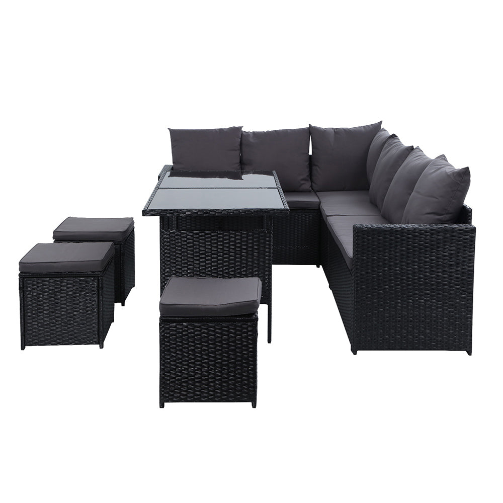 Marlook Outdoor Dining Set Sofa Lounge Setting Chairs Table Ottoman Black Cover