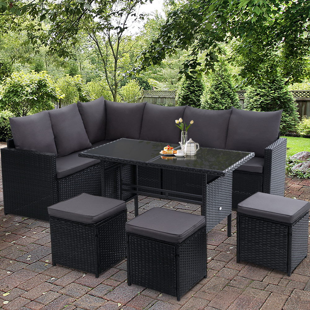 Marlook Outdoor Dining Set Sofa Lounge Setting Chairs Table Ottoman Black Cover