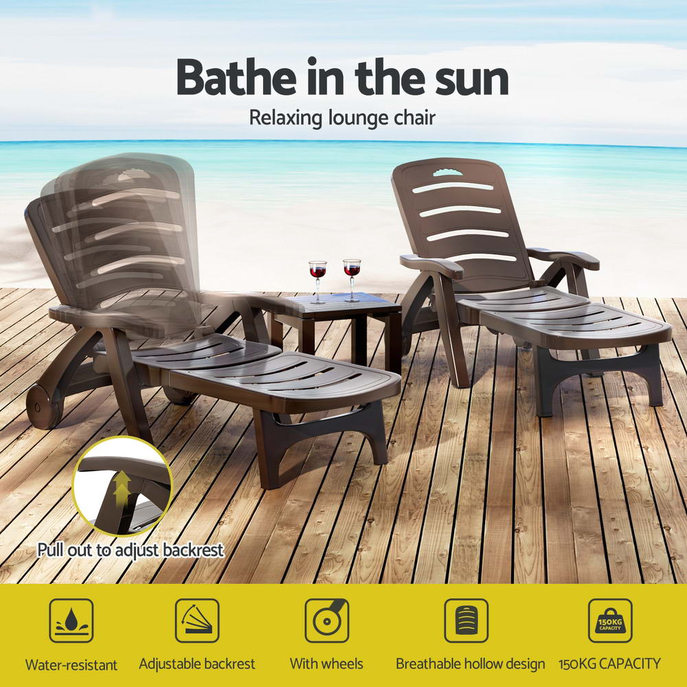 Marlook Sun Lounger Folding Lounge Chair Wheels Patio Outdoor Furniture Brown