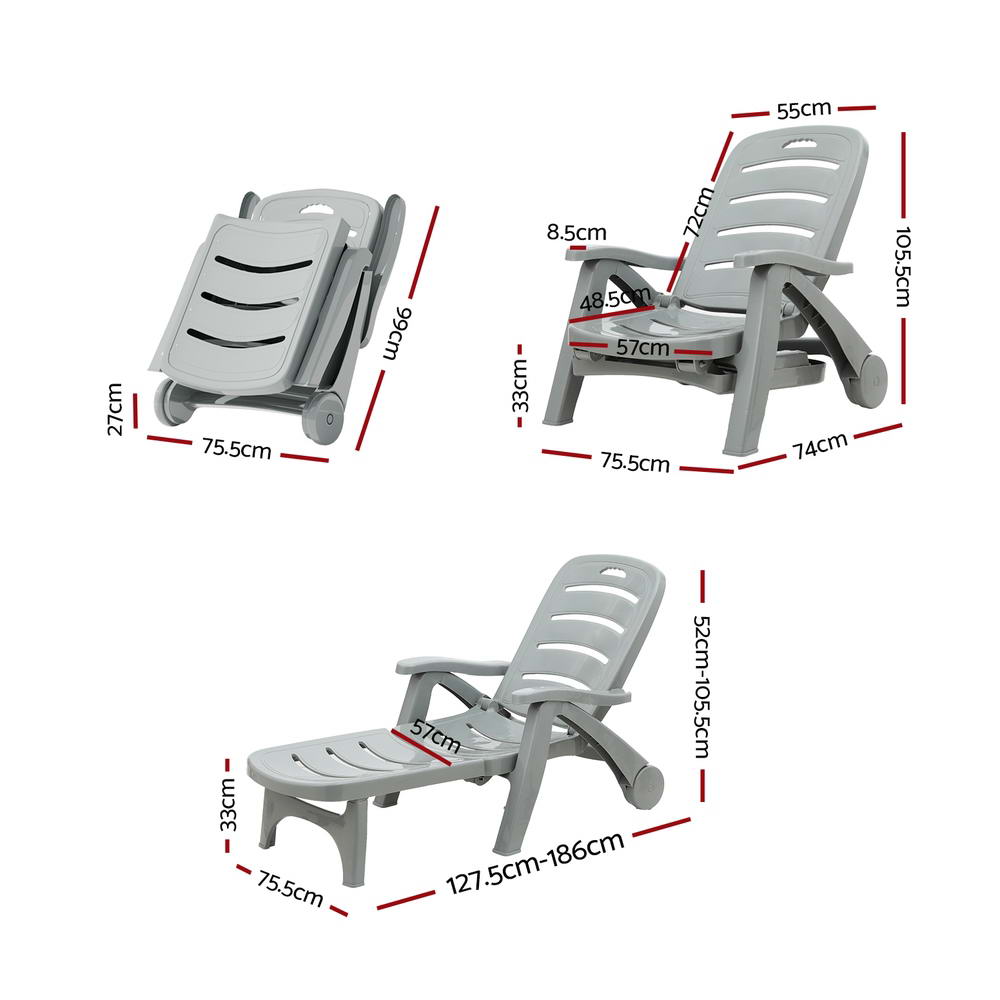 Marlook Sun Lounger Folding Lounge Chair Wheels Patio Outdoor Furniture Grey