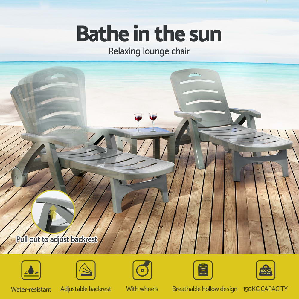 Marlook Sun Lounger Folding Lounge Chair Wheels Patio Outdoor Furniture Grey