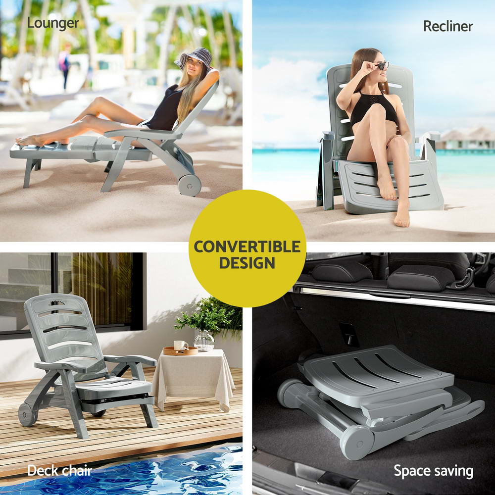 Marlook Sun Lounger Folding Lounge Chair Wheels Patio Outdoor Furniture Grey