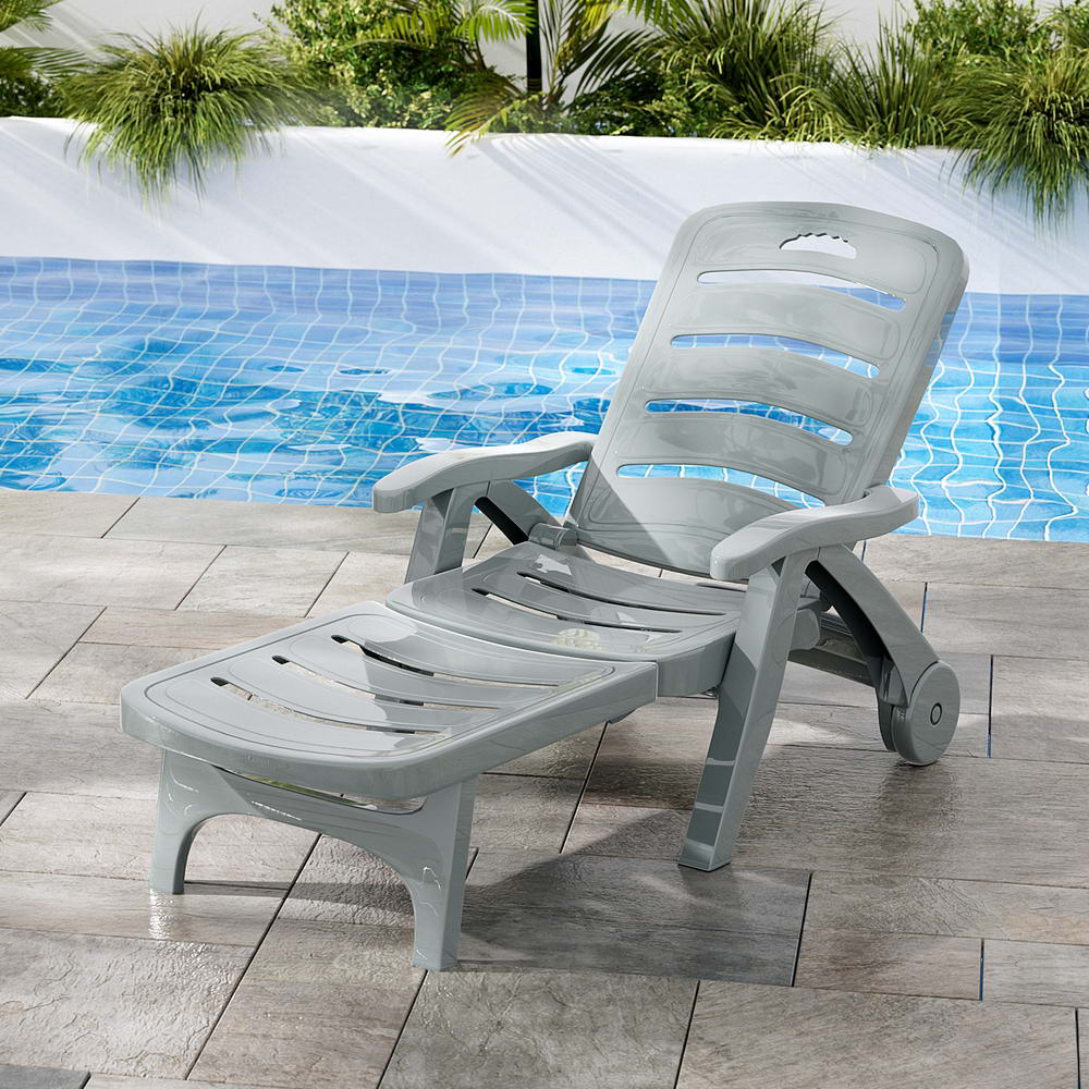 Marlook Sun Lounger Folding Lounge Chair Wheels Patio Outdoor Furniture Grey
