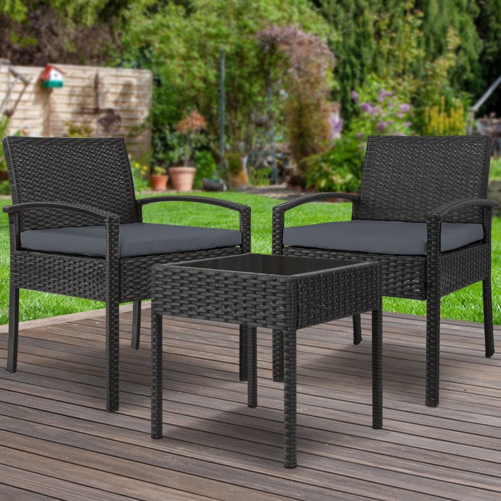 Marlook 3PC Patio Furniture Bistro Set Wicker Outdoor Lounge Setting Black