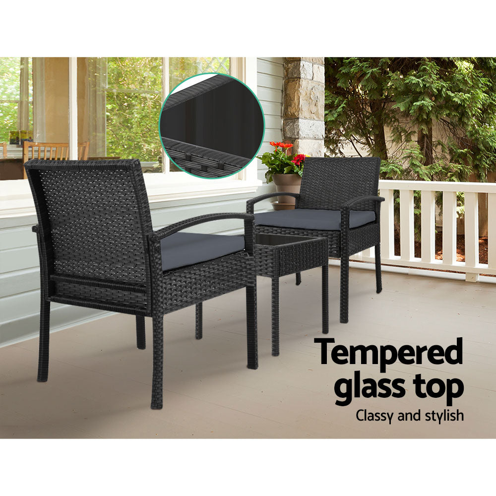Marlook 3PC Patio Furniture Bistro Set Wicker Outdoor Lounge Setting Black