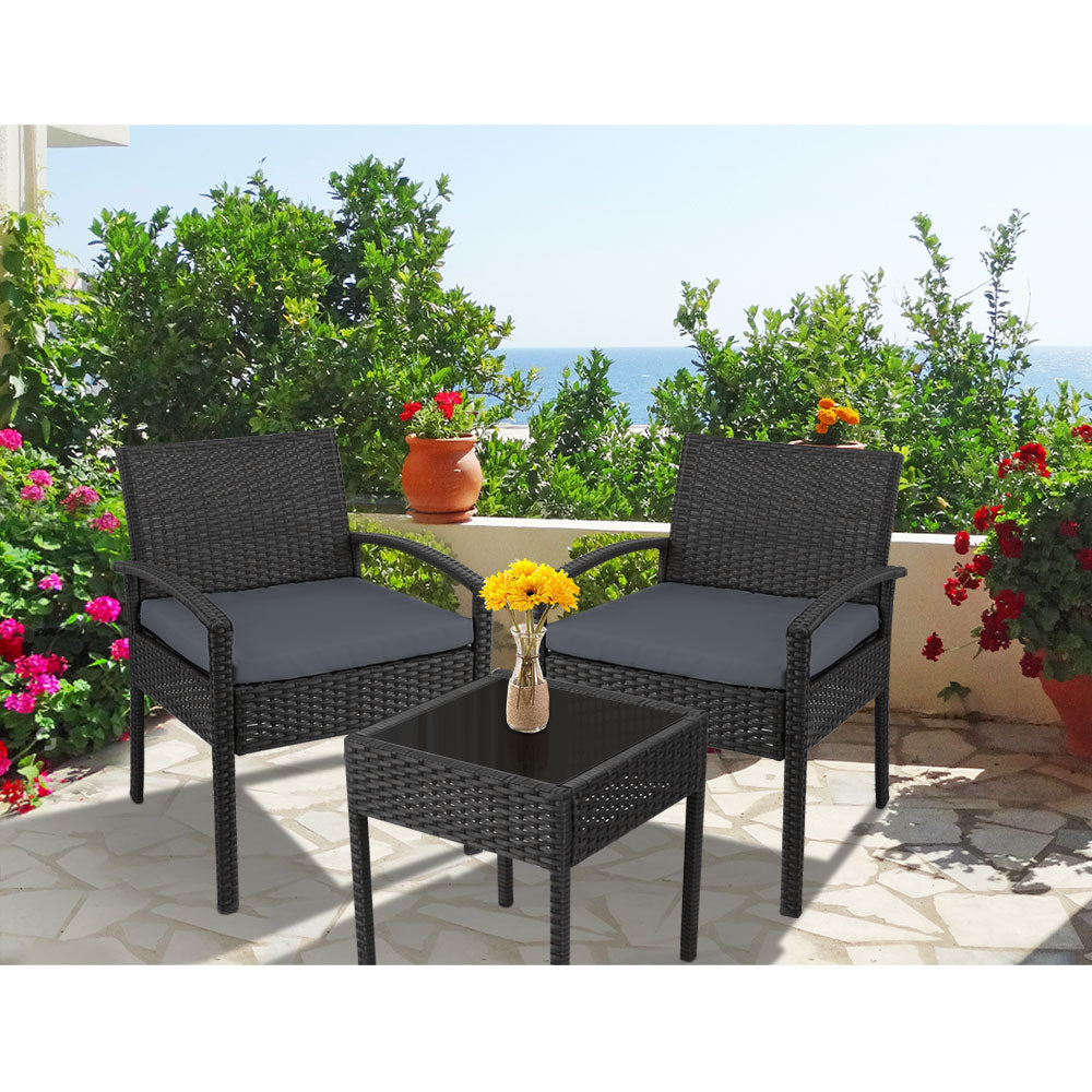 Marlook 3PC Patio Furniture Bistro Set Wicker Outdoor Lounge Setting Black