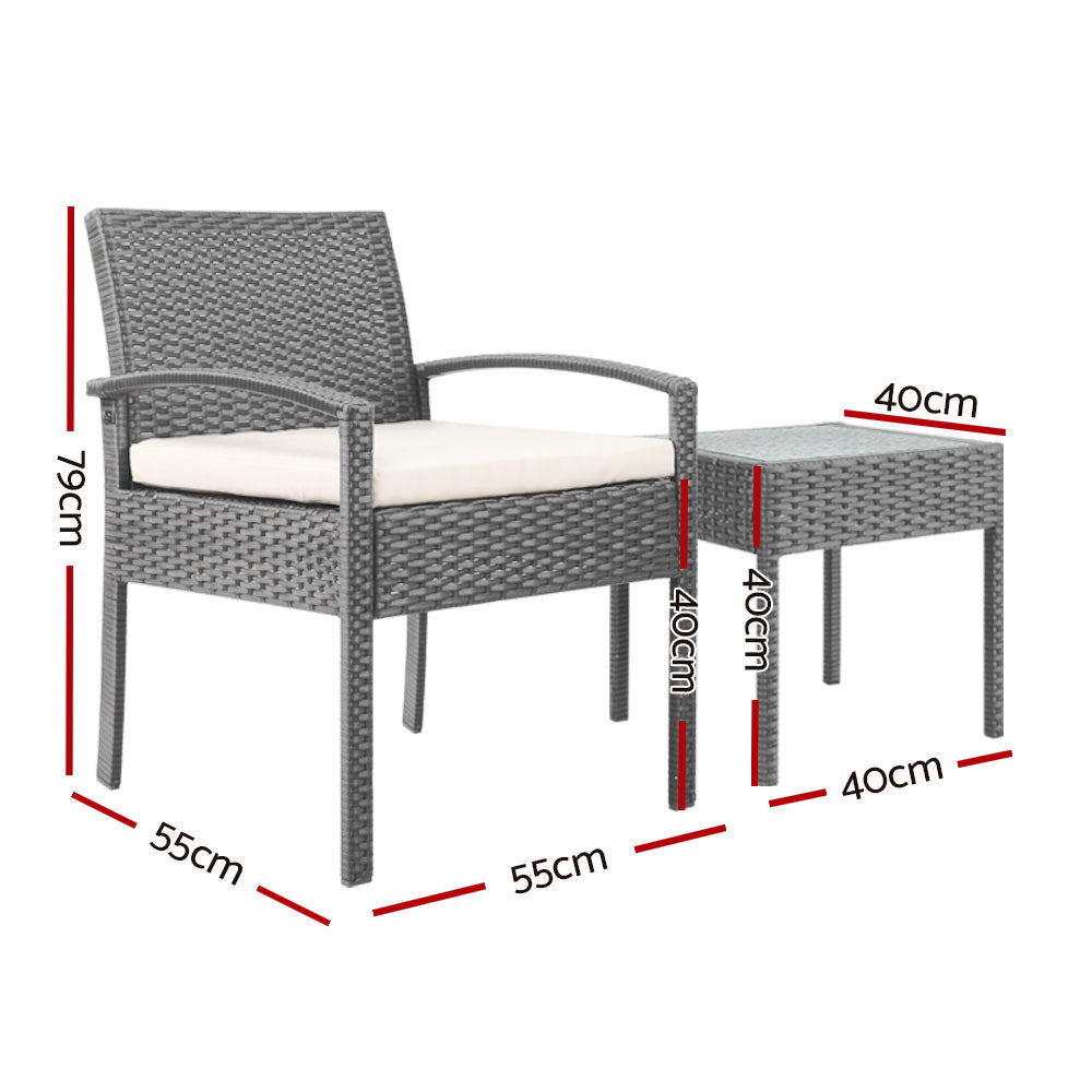 Marlook 3PC Patio Furniture Bistro Set Wicker Outdoor Lounge Setting Grey