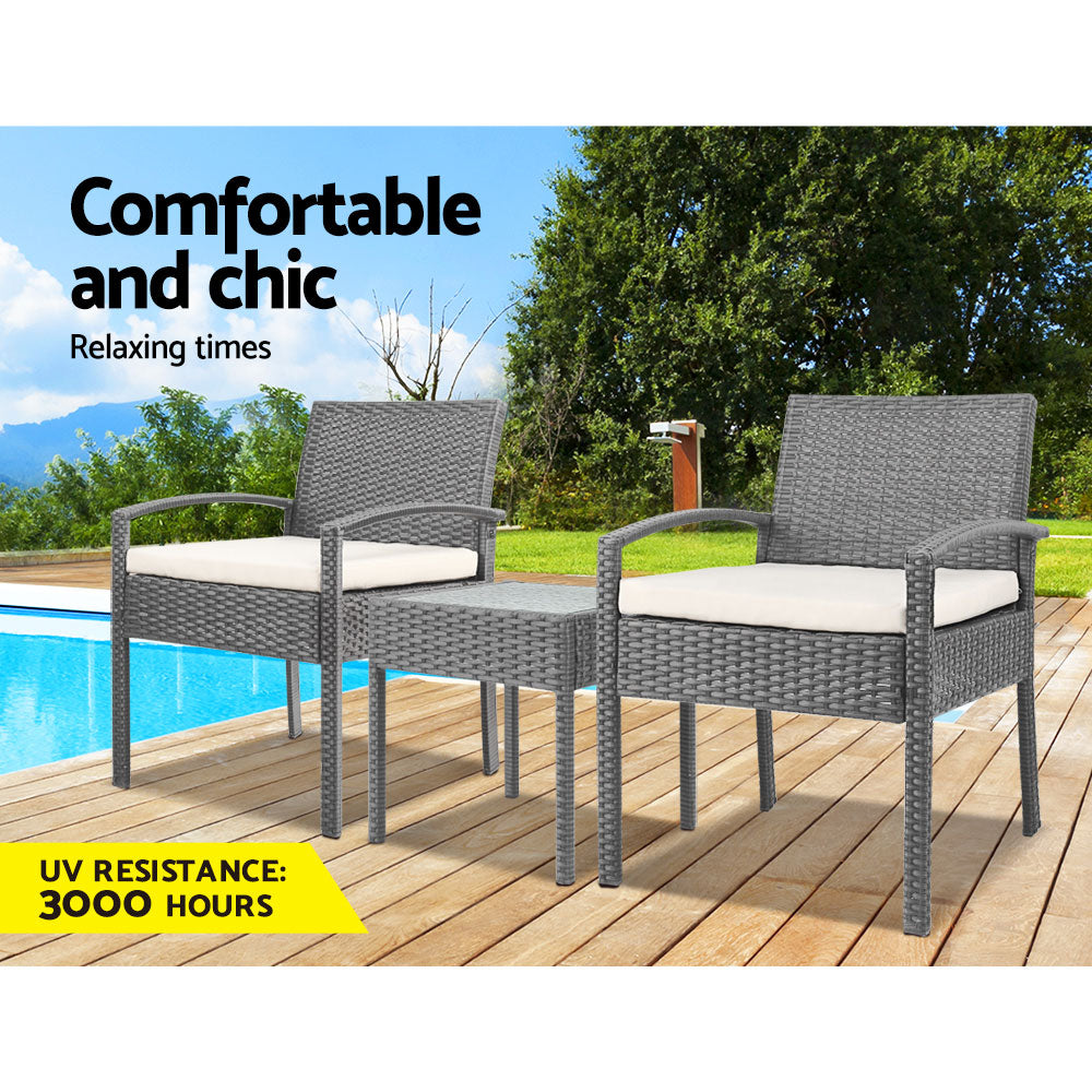 Marlook 3PC Patio Furniture Bistro Set Wicker Outdoor Lounge Setting Grey