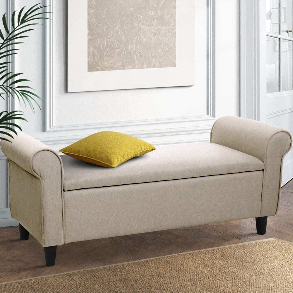 Marlook Storage Ottoman Blanket Box 125cm Arm Linen Taupe