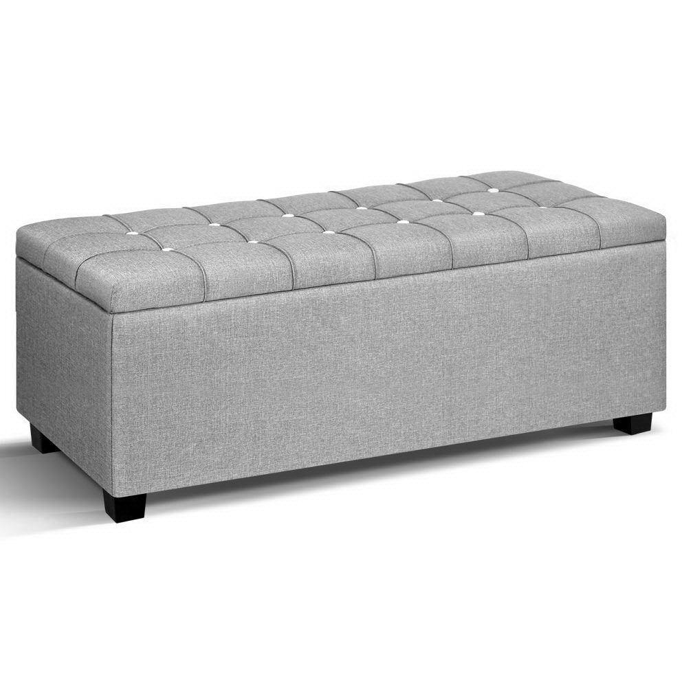 Marlook Storage Ottoman Blanket Box 97cm Button Linen Grey