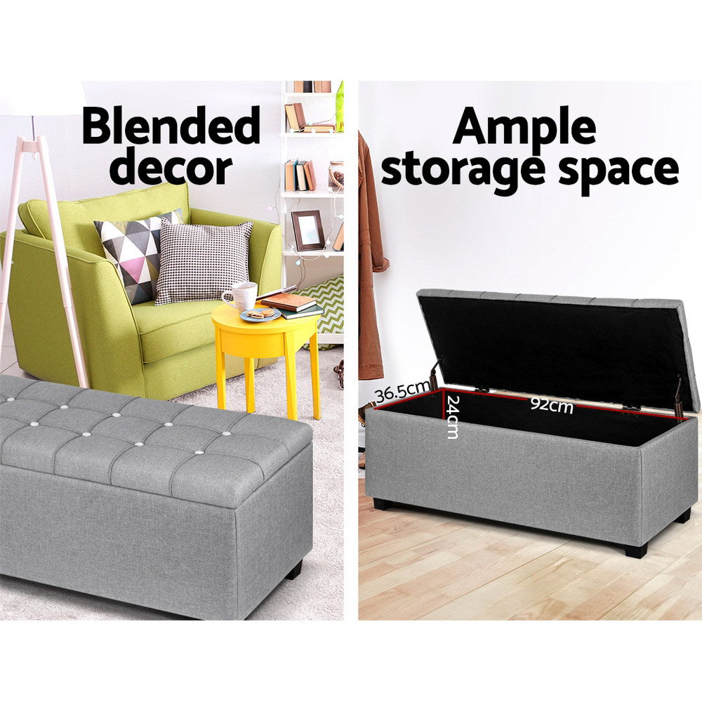 Marlook Storage Ottoman Blanket Box 97cm Button Linen Grey