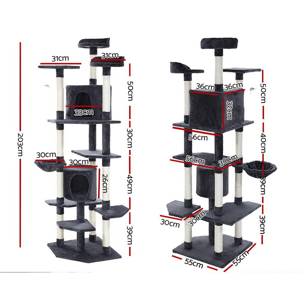 Marlook Cat Tree 203cm Tower Scratching Post Scratcher Condo Trees House Bed Grey