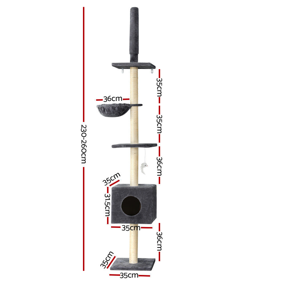 Marlook Cat Tree 260cm Tower Scratching Post Scratcher Floor to Ceiling Cats Bed Dark Grey