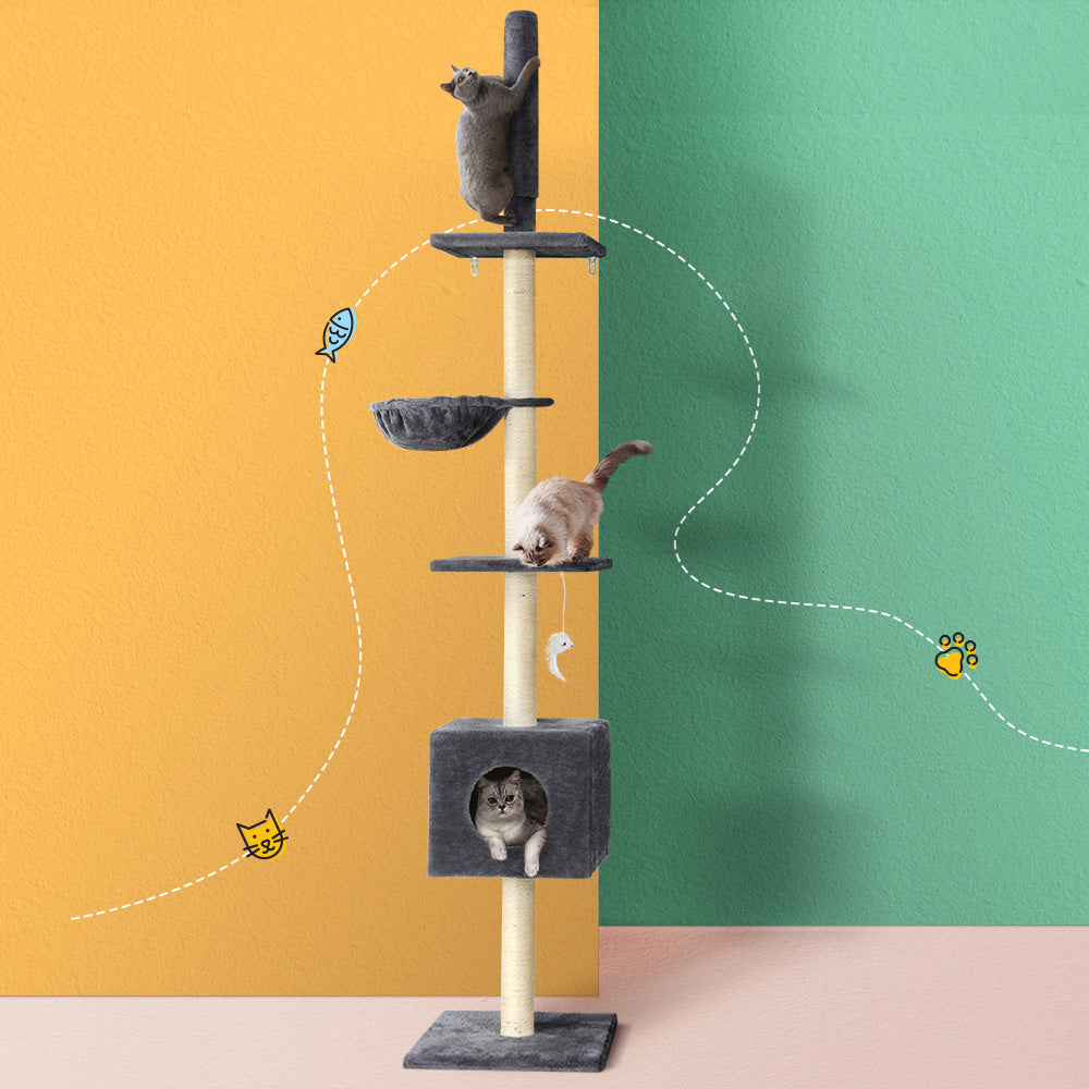 Marlook Cat Tree 260cm Tower Scratching Post Scratcher Floor to Ceiling Cats Bed Dark Grey