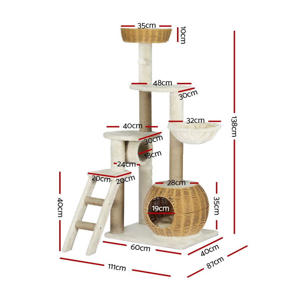 Marlook Cat Tree 138cm Tower Scratching Post Scratcher Wood Bed Condo House Rattan Ladder