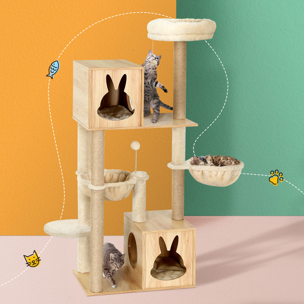 Marlook Cat Tree 141cm Tower Scratching Post Scratcher Wood Bed Condo Toys House Ladder