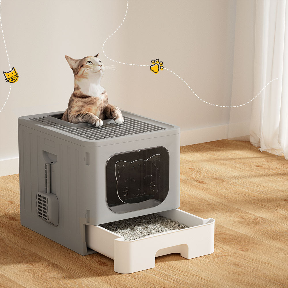 Marlook Cat Litter Box Large Tray Kitty Toilet Enclosed Hooded Foldable Scoop Grey