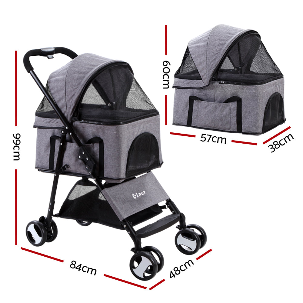 Marlook Pet Stroller Dog Pram Cat Carrier Travel Large Pushchair Foldable 4 Wheels Grey