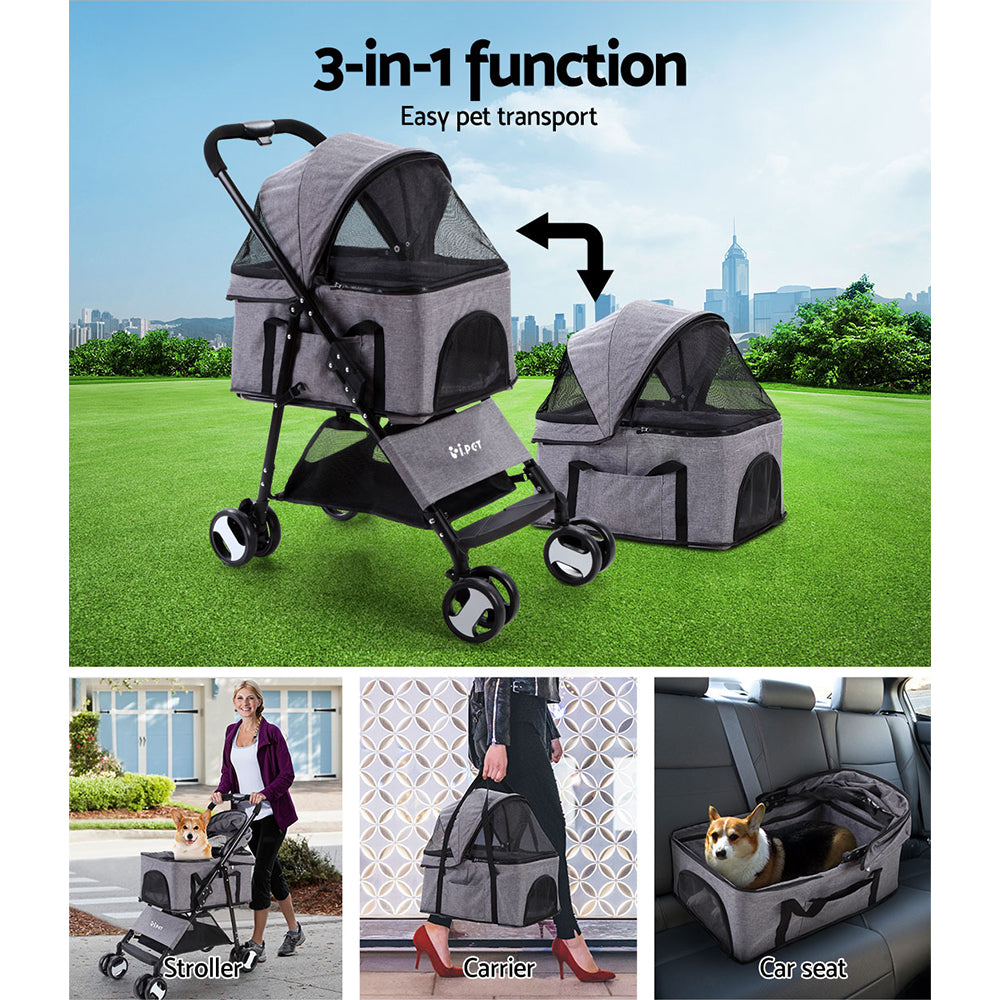 Marlook Pet Stroller Dog Pram Cat Carrier Travel Large Pushchair Foldable 4 Wheels Grey
