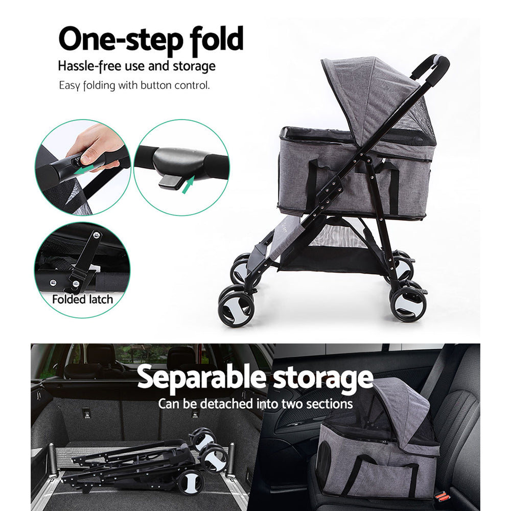 Marlook Pet Stroller Dog Pram Cat Carrier Travel Large Pushchair Foldable 4 Wheels Grey