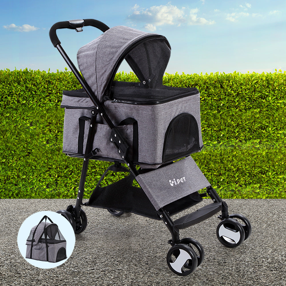 Marlook Pet Stroller Dog Pram Cat Carrier Travel Large Pushchair Foldable 4 Wheels Grey