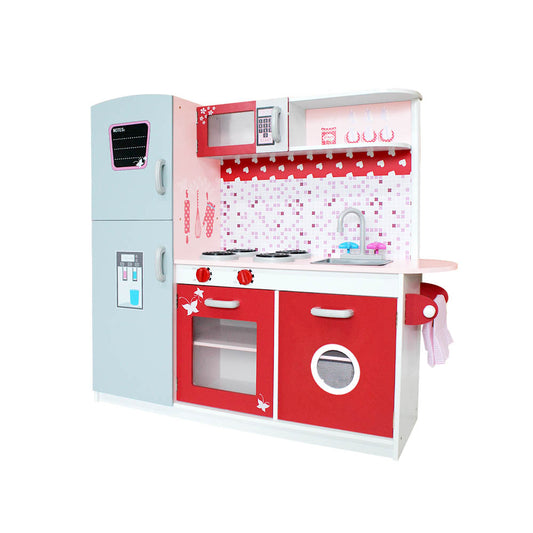 Marlook Kids Kitchen Play Set Wooden Pretend Toys Cooking Children Fridge Oven Red