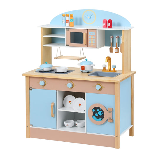 Marlook Kids Wooden Pretend Kitchen Play Sets Cooking Toys Pot Pan Bowls Oven Dishwasher 80CM Blue