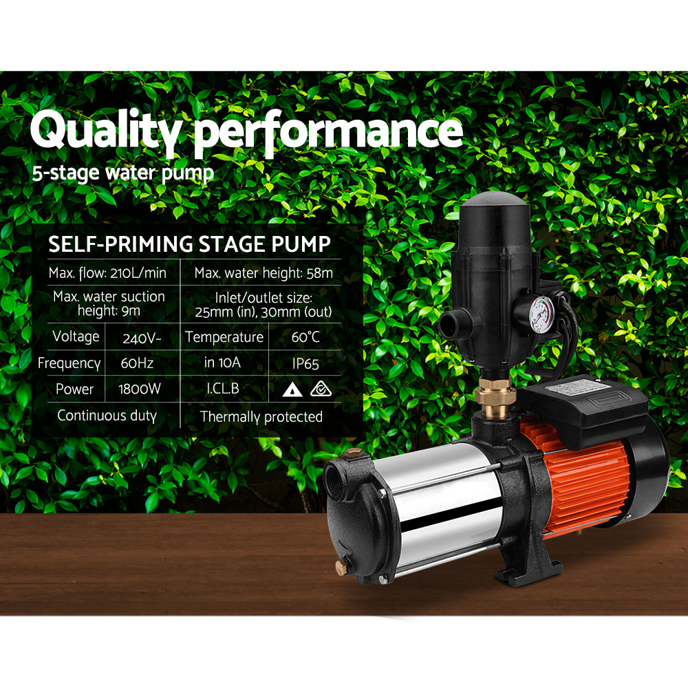 Marlook Garden Water Pump High Pressure 1800W Multi Stage Tank Rain Irrigation Black