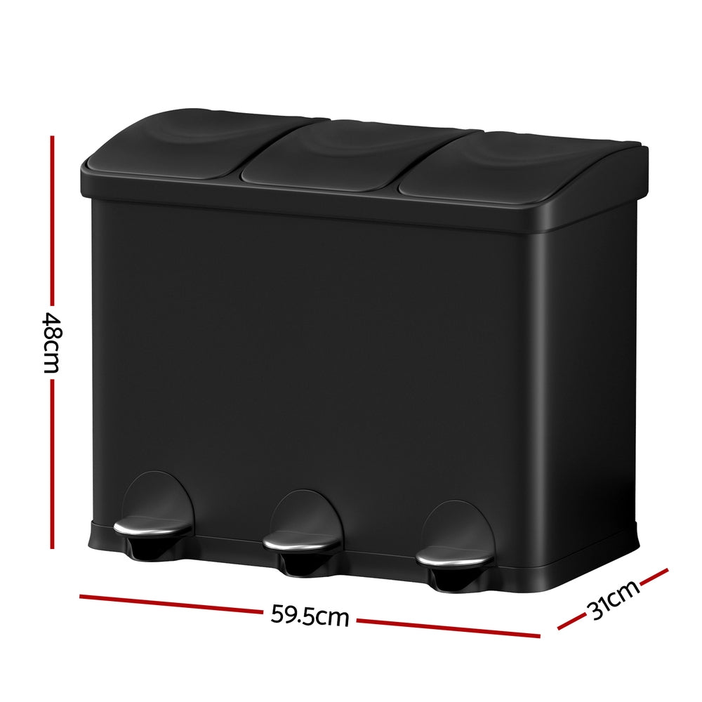 Marlook Pedal Bins Rubbish Bin Triple Compartments Waste Recycle Dustbins 45L
