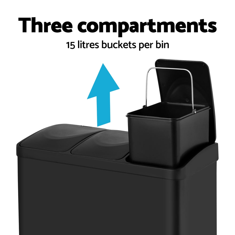 Marlook Pedal Bins Rubbish Bin Triple Compartments Waste Recycle Dustbins 45L