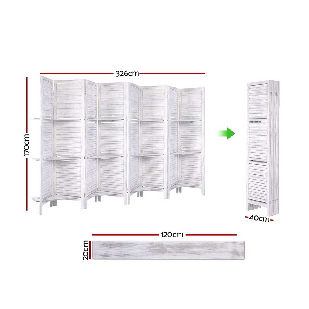 Marlook 8 Panel Room Divider Screen 326x170cm Shelf White