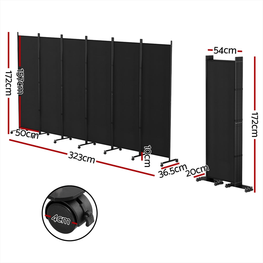 Marlook 6 Panel Room Divider Screen 323cm Wheel Fabric Black