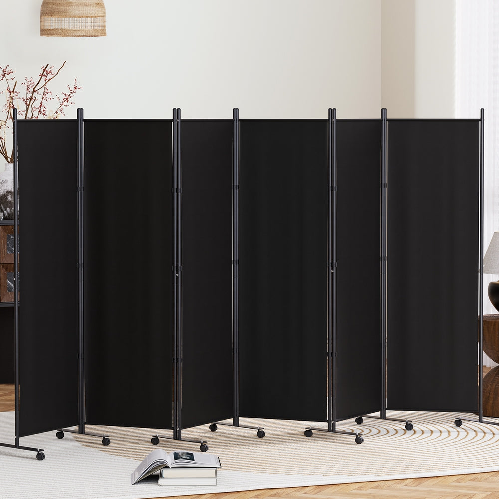Marlook 6 Panel Room Divider Screen 323cm Wheel Fabric Black
