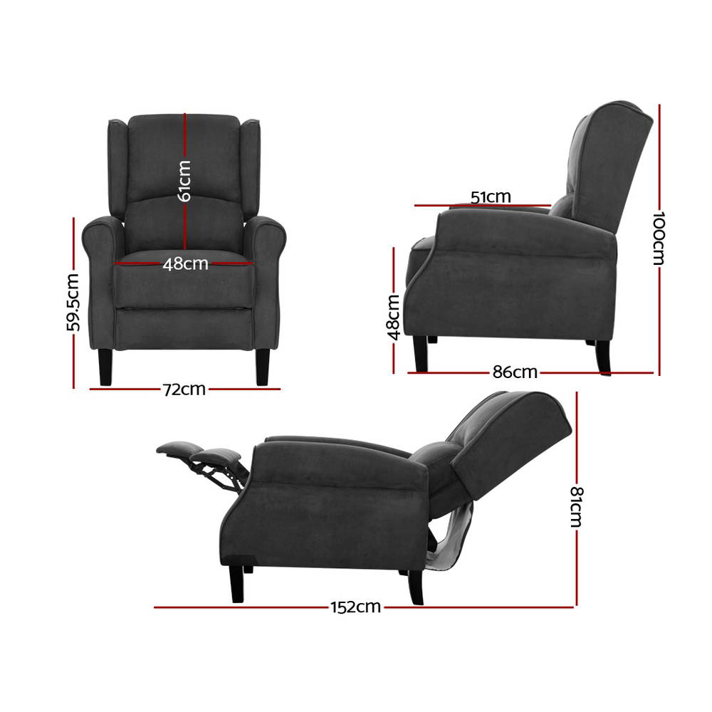 Marlook Recliner Chair Adjustable Sofa Lounge Soft Suede Armchair Couch Charcoal