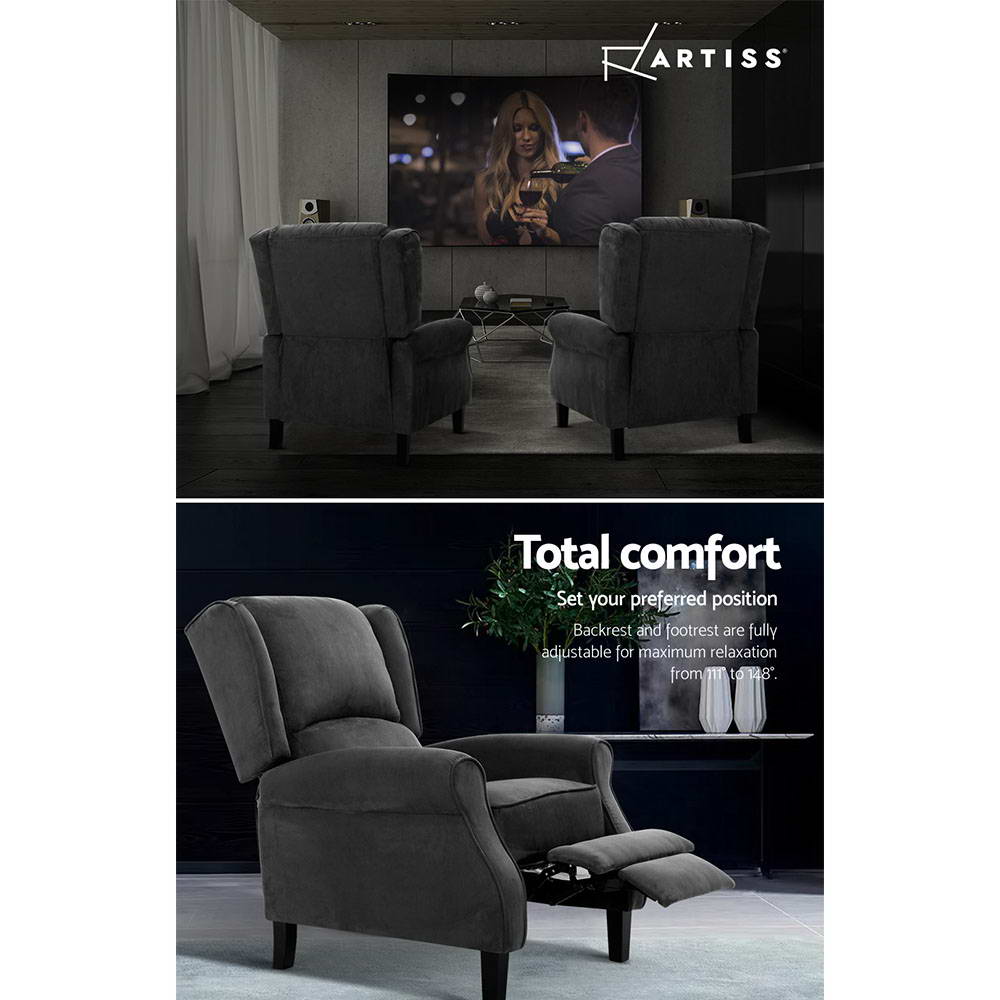 Marlook Recliner Chair Adjustable Sofa Lounge Soft Suede Armchair Couch Charcoal