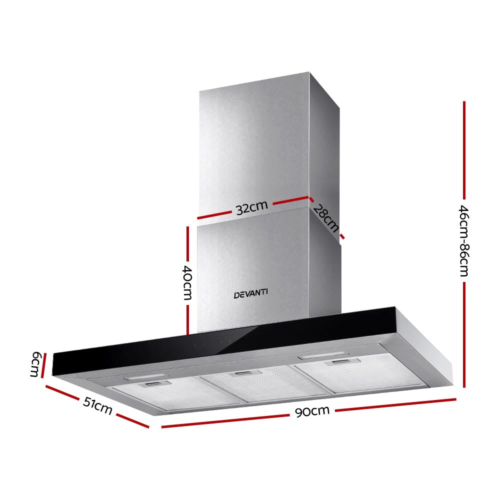 Marlook 900mm Range Hood 90cm Rangehood Glass Stainless Steel