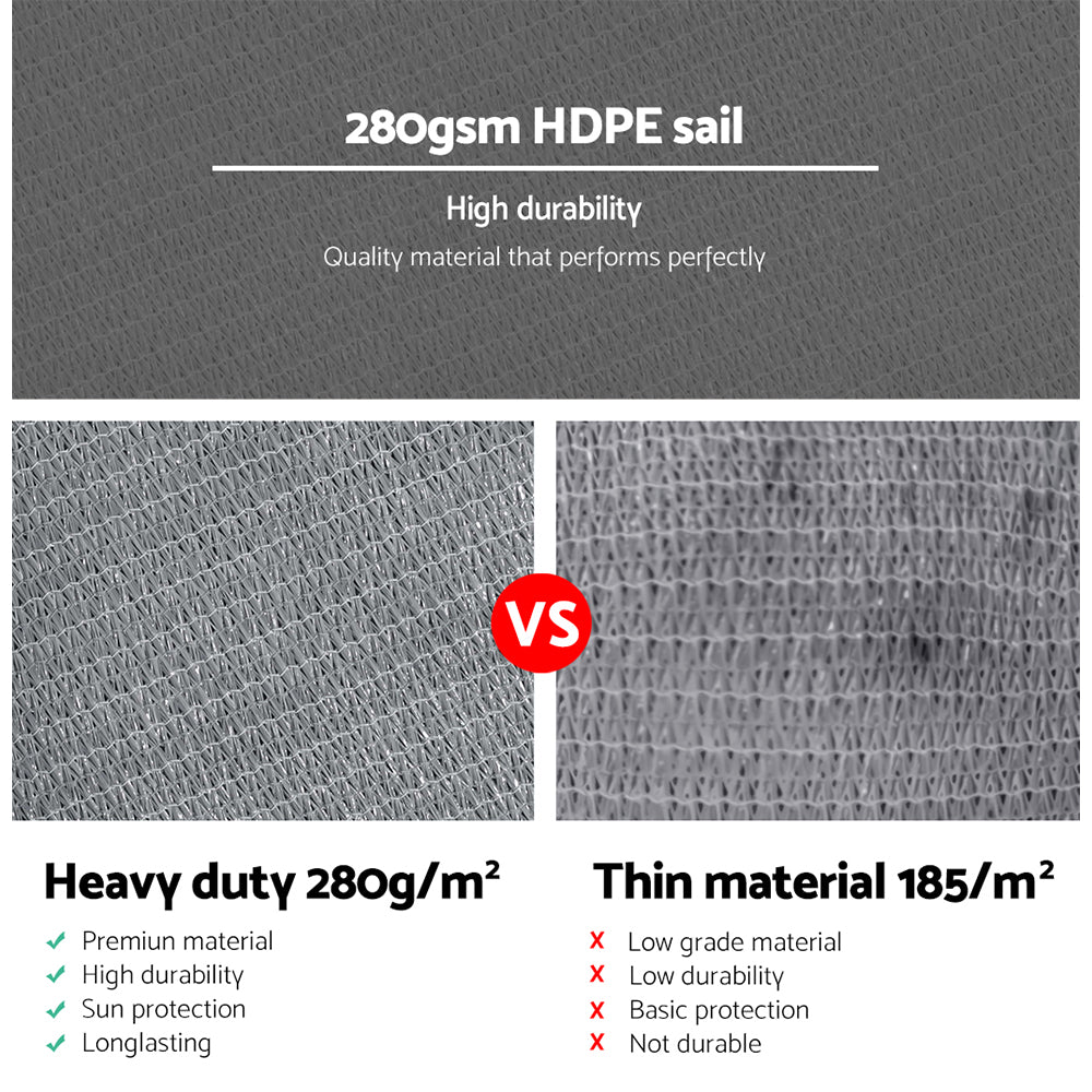 Marlook Shade Sail 3x3m Square 280GSM 98% Grey Shade Cloth
