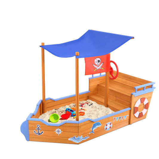 Marlook Kids Sandpit Wooden Boat Sand Pit with Canopy Bench Seat Beach Toys 165cm