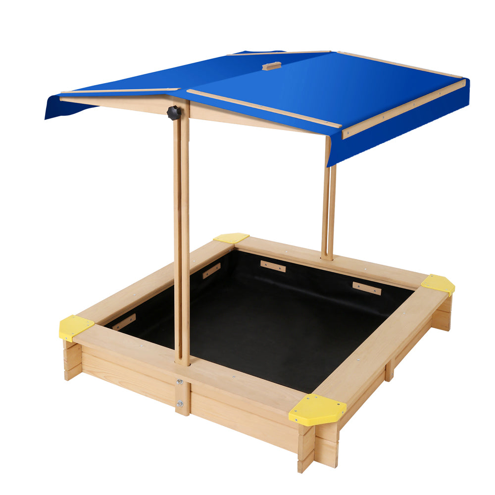 Marlook Kids Sandpit Wooden Sandbox Sand Pit with Canopy Bench Seat Toys 101cm