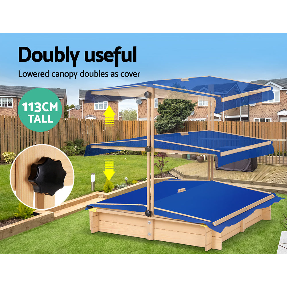 Marlook Kids Sandpit Wooden Sandbox Sand Pit with Canopy Bench Seat Toys 101cm
