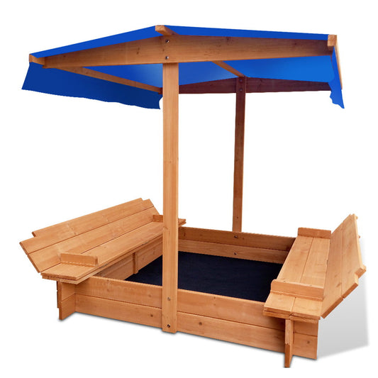 Marlook Kids Sandpit Wooden Sandbox Sand Pit with Canopy Foldable Seat Toys 120cm