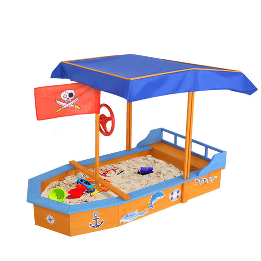Marlook Kids Sandpit Wooden Boat Sand Pit with Canopy Bench Seat Beach Toys 150cm