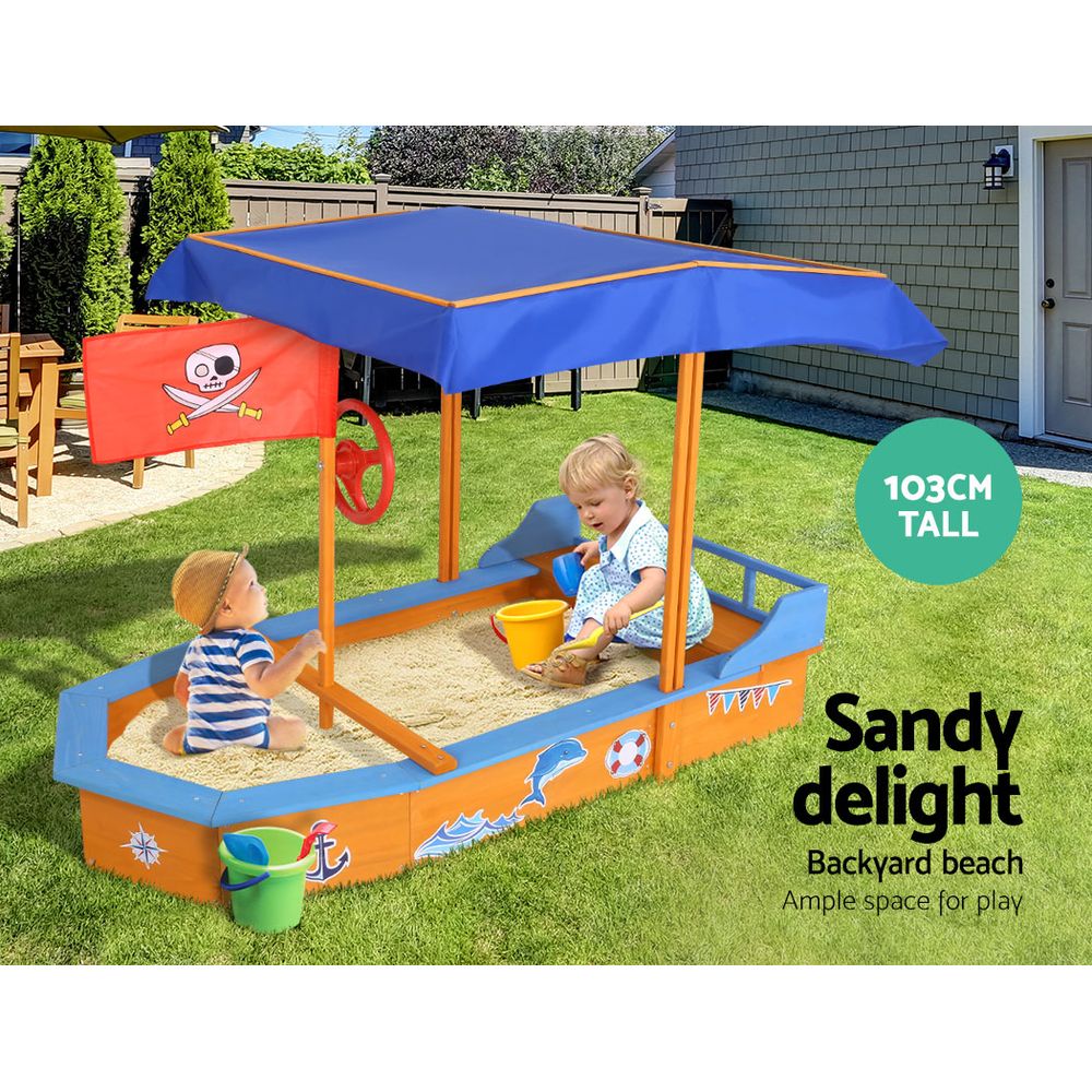 Marlook Kids Sandpit Wooden Boat Sand Pit with Canopy Bench Seat Beach Toys 150cm