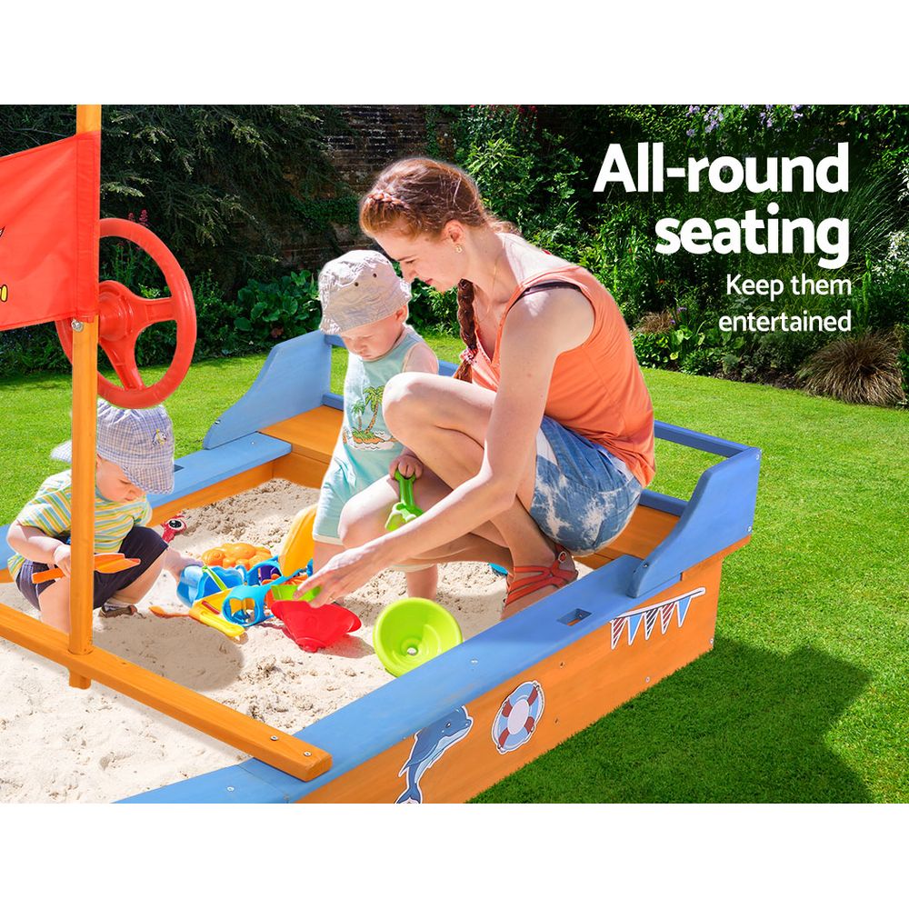 Marlook Kids Sandpit Wooden Boat Sand Pit with Canopy Bench Seat Beach Toys 150cm