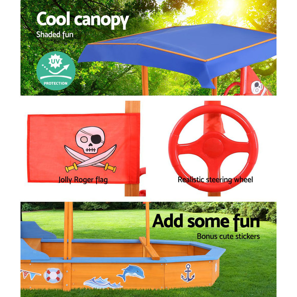 Marlook Kids Sandpit Wooden Boat Sand Pit with Canopy Bench Seat Beach Toys 150cm