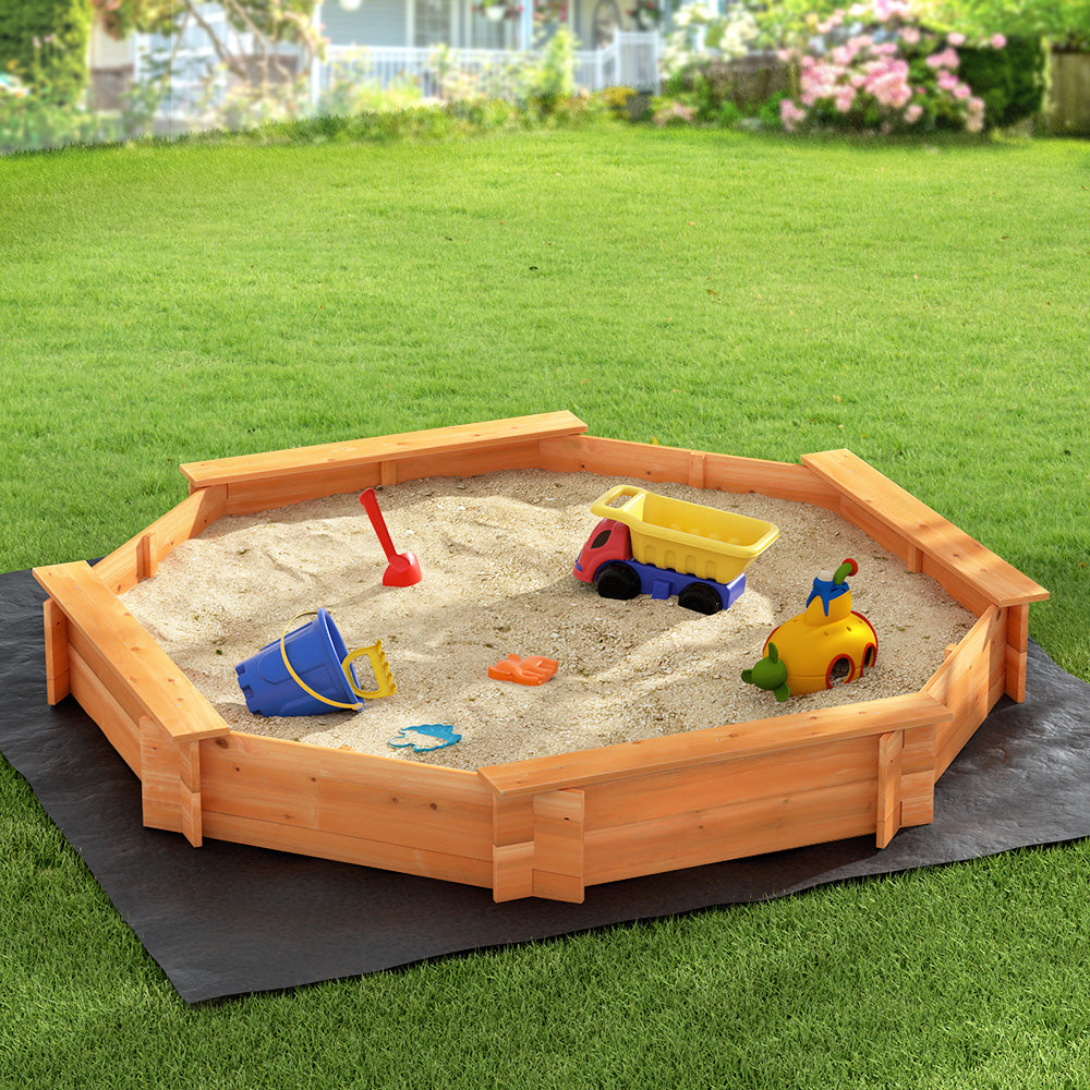 Marlook Kids Sandpit Wooden Round Sand Pit with Cover Bench Seat Beach Toys 182cm