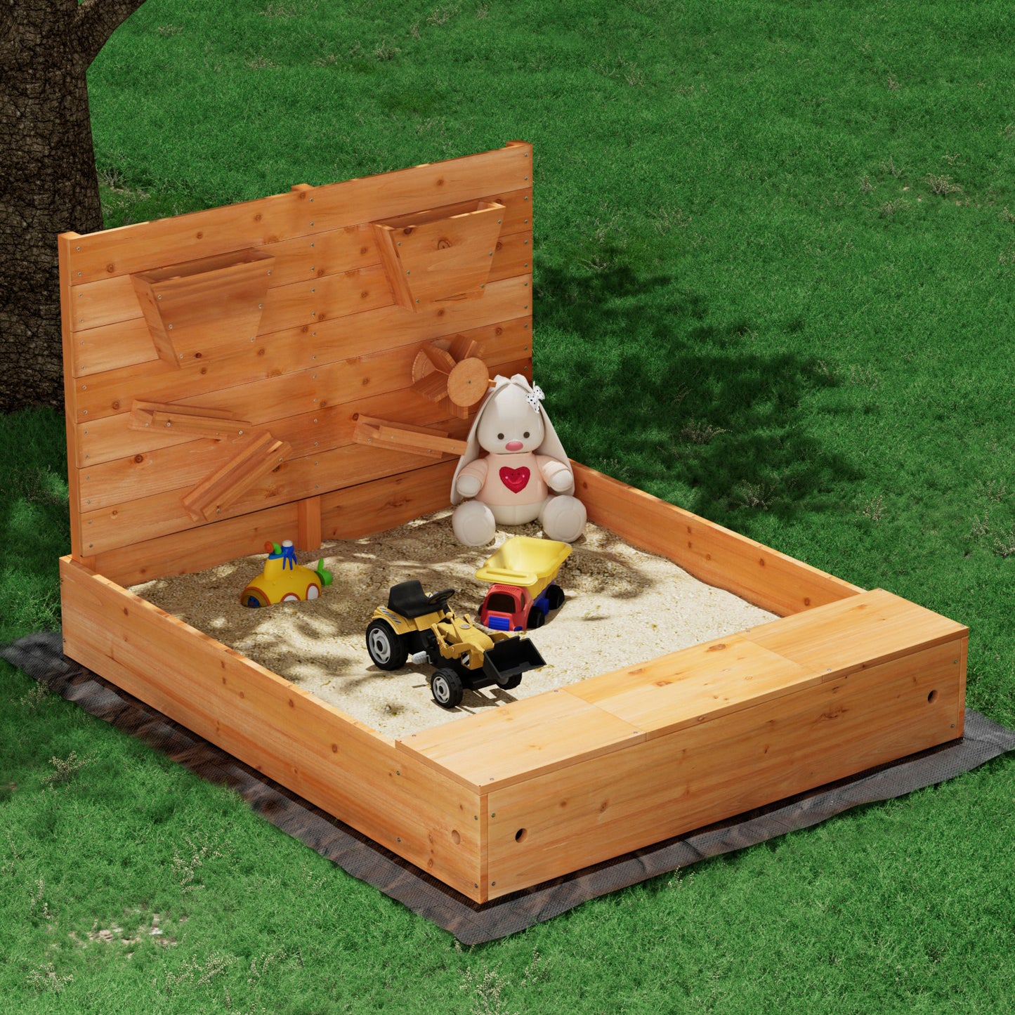 Marlook Kids Sandpit Wooden Sandbox Sand Pit with Cover Funnel Outdoor Toys 120cm