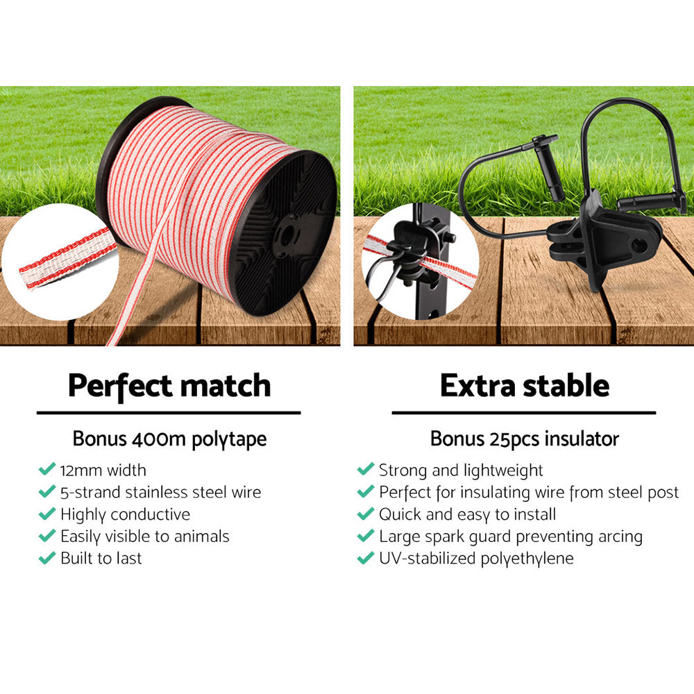 Marlook Fence Energiser 8KM Solar Powered Electric 400M Poly Tape Insulator